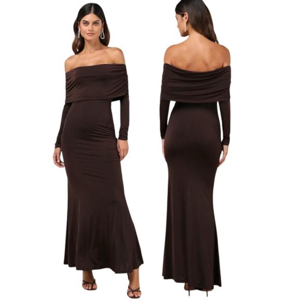 Lulus Effortlessly Stunning Dark Brown Off-the-Shoulder Maxi Dress size S NWT